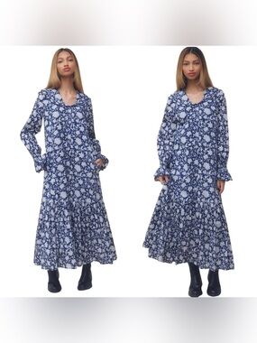 NWT Ophelia & indigo Tilly Navy Floral Tie-ruffle Neck tiered Maxi Dress medium